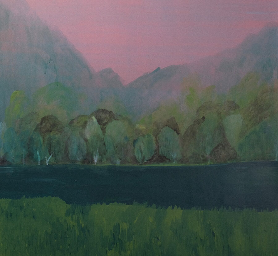 oeuvre artiste paysage arbre vert rose