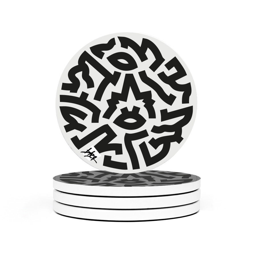 dessous verre graphique artiste Bleg rond luminaire noir blanc
